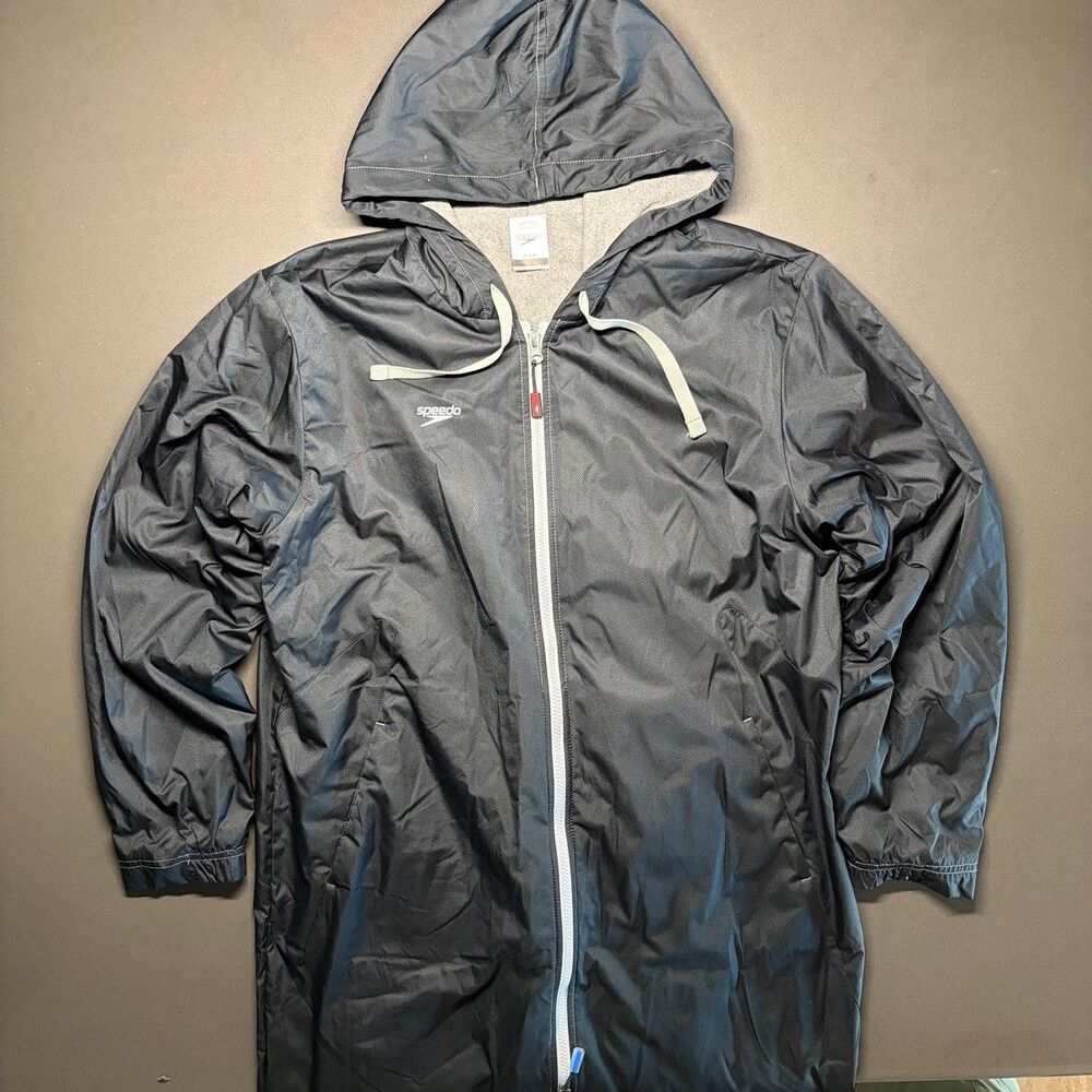 Speedo Men's Long Hooded Swim Parka Jacket M Black Gray Fleece Lined Full Zip
